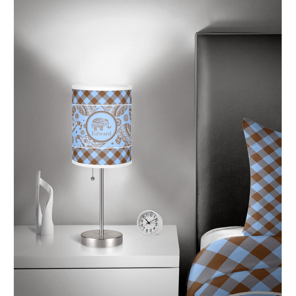 Gingham & Elephants 7 inch drum lamp shade - in room