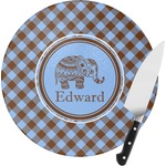 Gingham & Elephants Round Glass Cutting Board - Small (Personalized)