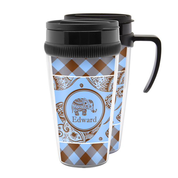 Custom Gingham & Elephants Acrylic Travel Mug (Personalized)