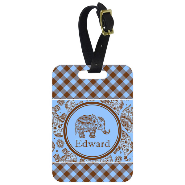 Custom Gingham & Elephants Metal Luggage Tag w/ Name or Text