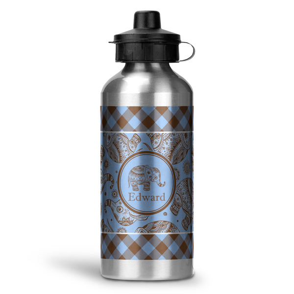 Custom Gingham & Elephants Water Bottle - Aluminum - 20 oz (Personalized)