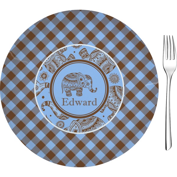 Custom Gingham & Elephants Glass Appetizer / Dessert Plate 8" (Personalized)