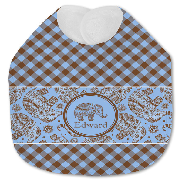 Custom Gingham & Elephants Jersey Knit Baby Bib w/ Name or Text