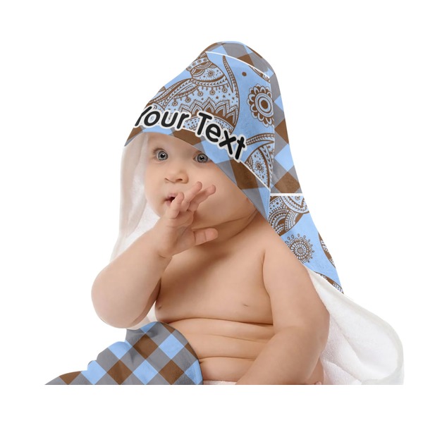 Gingham & Elephants Baby Hooded Towel on Child