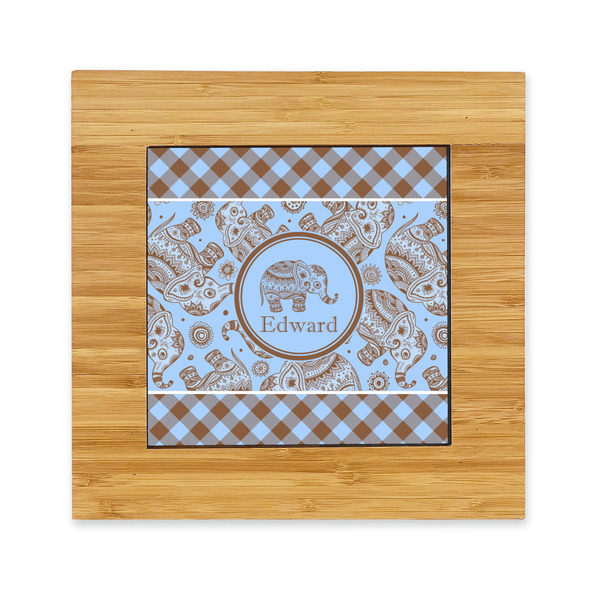 Custom Gingham & Elephants Bamboo Trivet with Ceramic Tile Insert (Personalized)