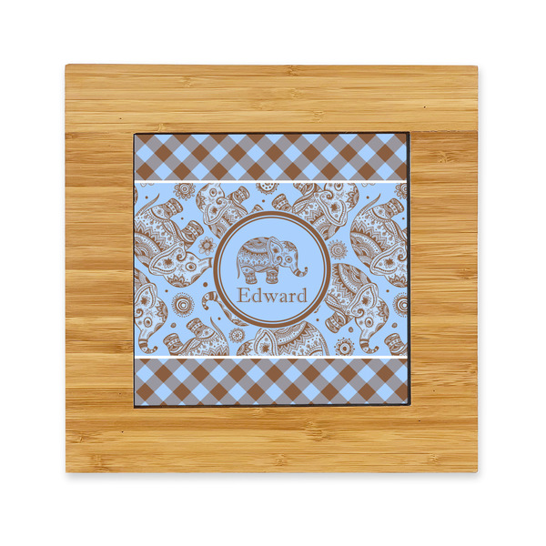 Custom Gingham & Elephants Bamboo Trivet with Ceramic Tile Insert (Personalized)