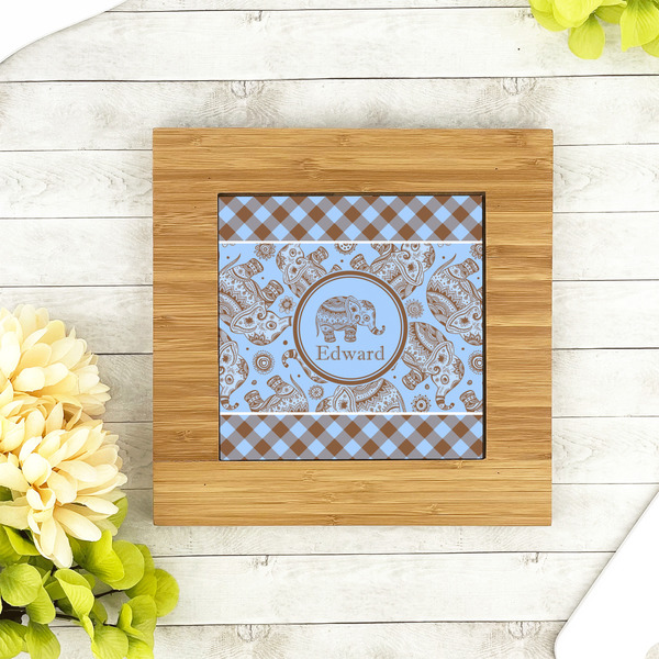 Gingham & Elephants Bamboo Trivet with 6" Tile - LIFESTYLE