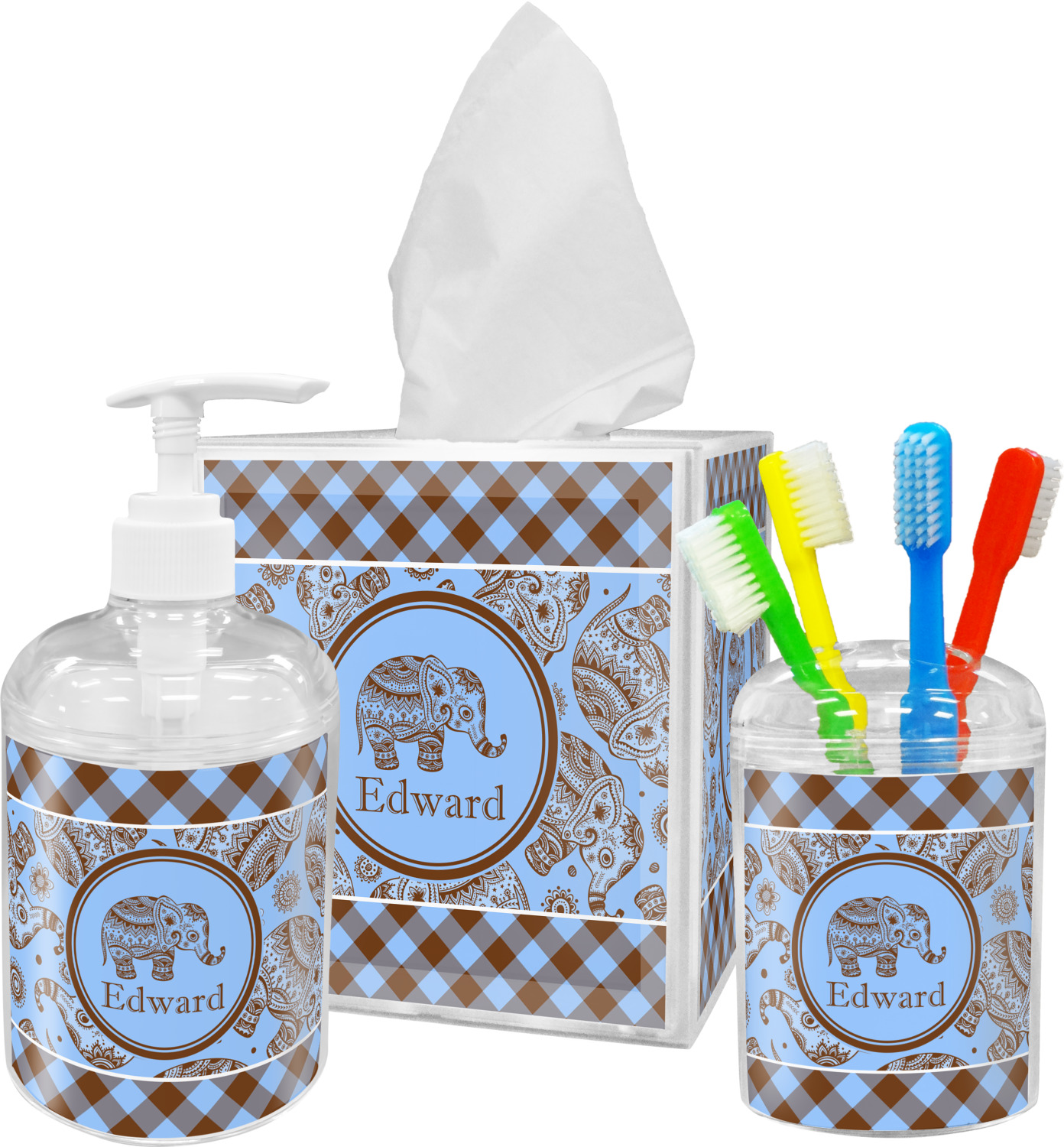 Gingham & Elephants Bathroom Accessories Set (Personalized