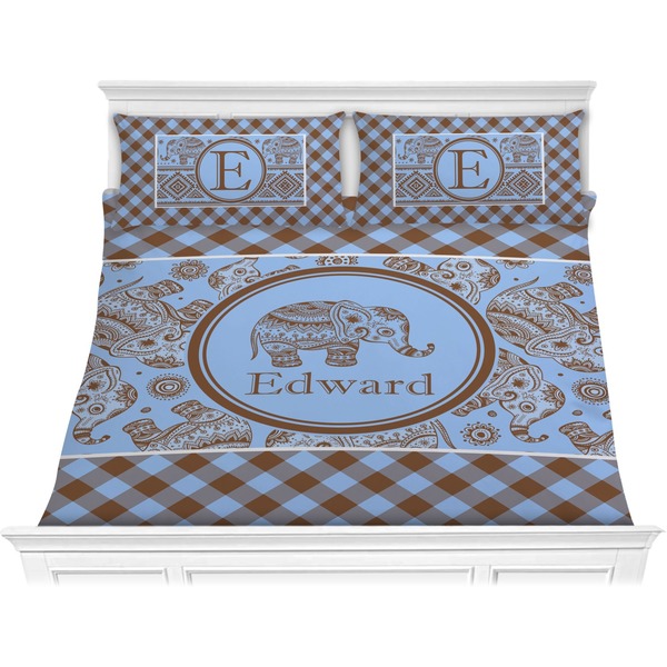 Custom Gingham & Elephants Comforter Set - King (Personalized)