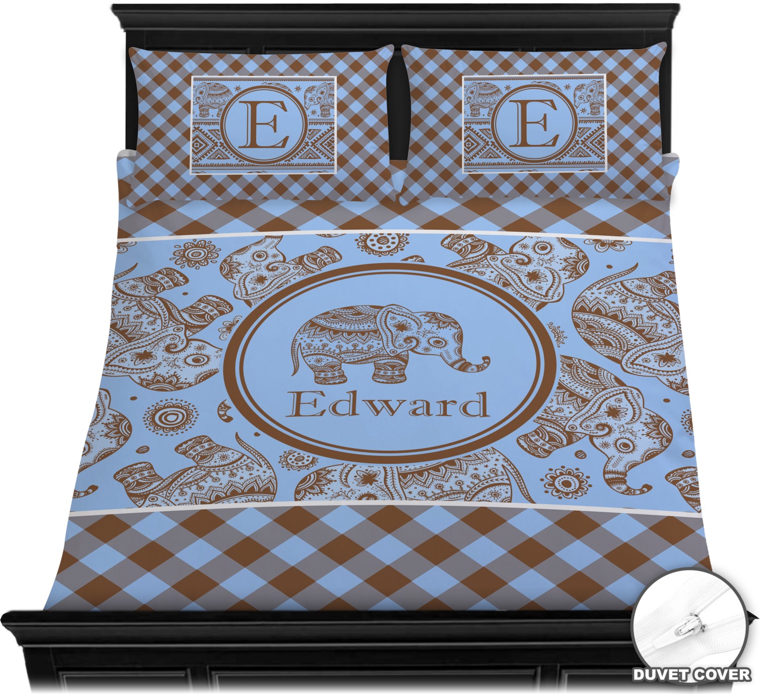 Gingham & Elephants Duvet Cover Set Full / Queen (Personalized