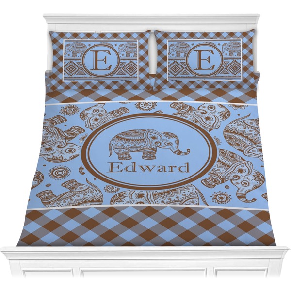 Custom Gingham & Elephants Comforter Set - Full / Queen (Personalized)