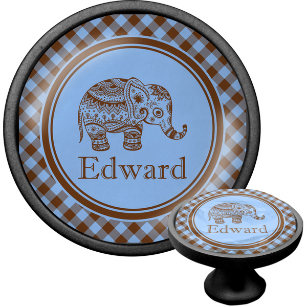 Custom Gingham & Elephants Cabinet Knob (Black) (Personalized)
