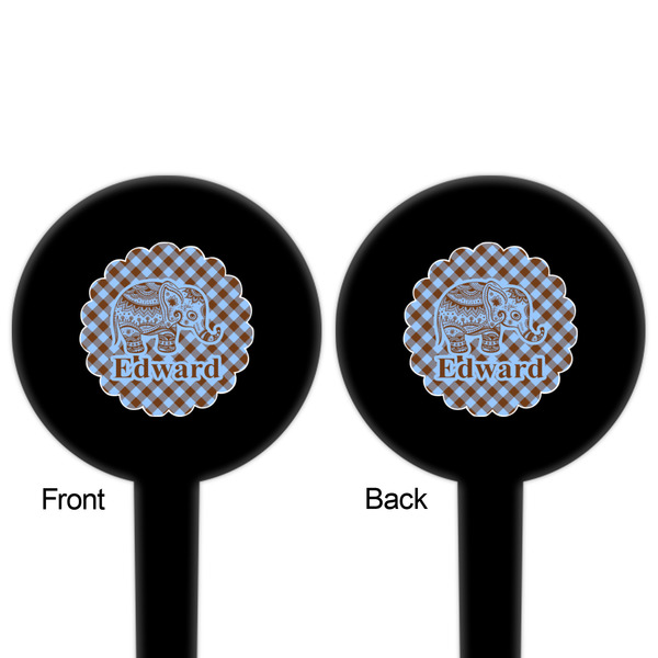 Gingham & Elephants Black Plastic 4" Food Pick - Round - Double Sided - Front & Back
