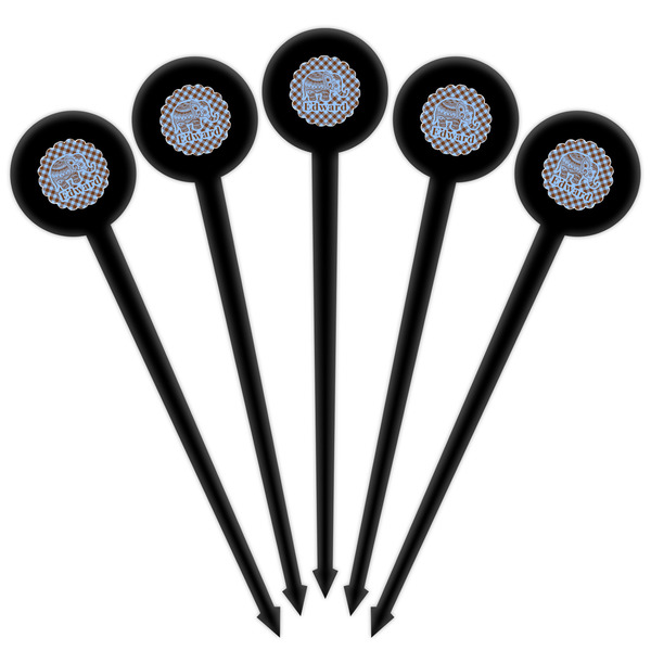 Gingham & Elephants Black Plastic 4" Food Pick - Round - Fan View
