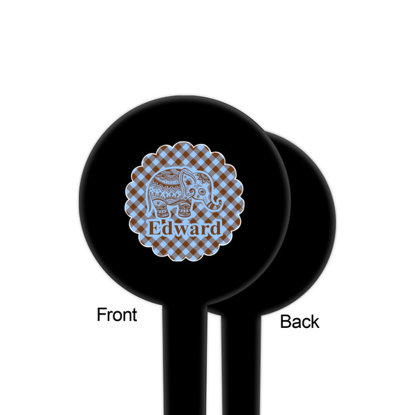 Gingham & Elephants Black Plastic 4" Food Pick - Round - Single Sided - Front & Back