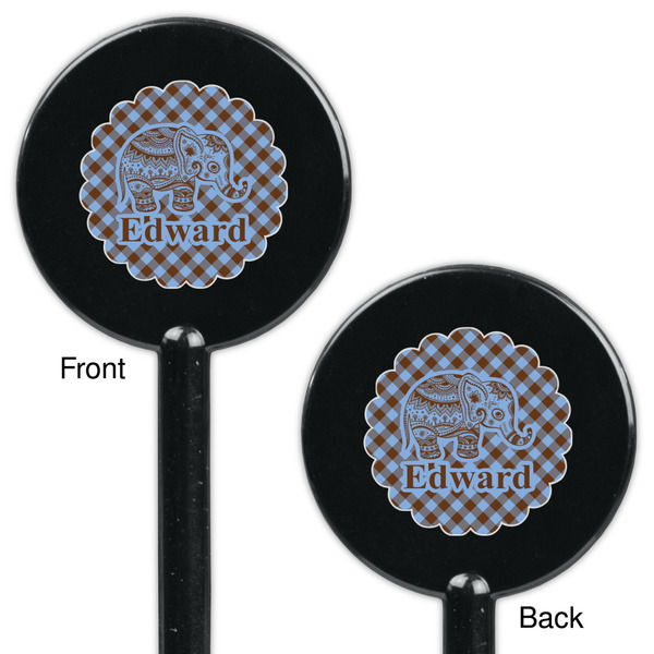 Gingham & Elephants Black Plastic 5.5" Stir Stick - Double Sided - Round - Front & Back