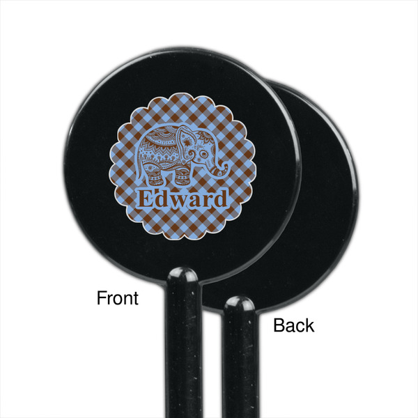 Gingham & Elephants Black Plastic 5.5" Stir Stick - Single Sided - Round - Front & Back
