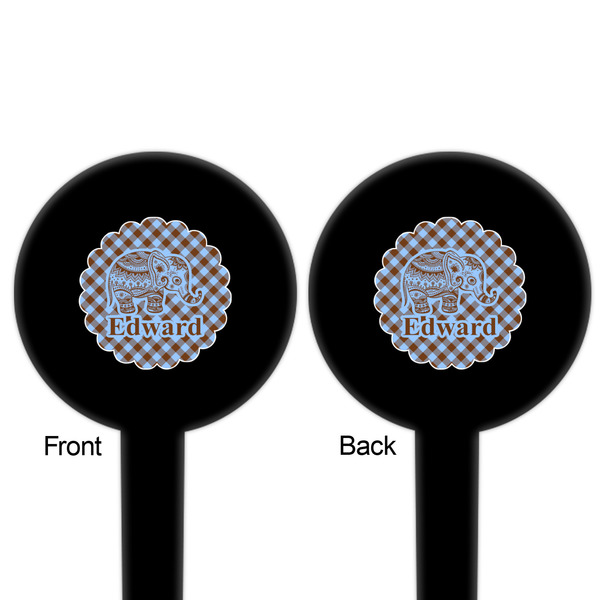 Gingham & Elephants Black Plastic 6" Food Pick - Round - Double Sided - Front & Back