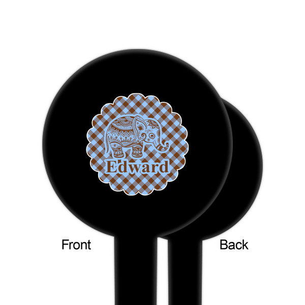 Gingham & Elephants Black Plastic 6" Food Pick - Round - Single Sided - Front & Back