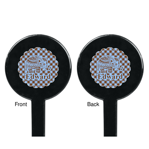 Gingham & Elephants Black Plastic 7" Stir Stick - Double Sided - Round - Front & Back