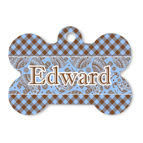 Custom Gingham & Elephants Bone Shaped Dog ID Tag - Large (Personalized)