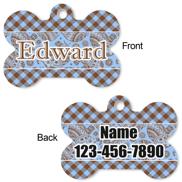 Gingham & Elephants Bone Shaped Dog Tag - Front & Back