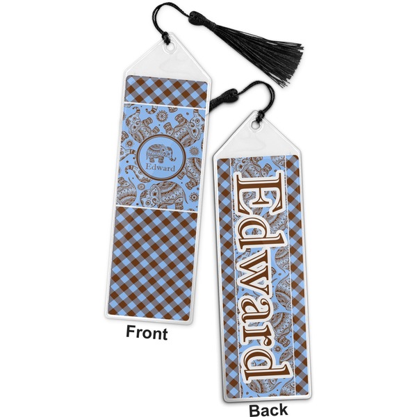 Gingham & Elephants Bookmark with tassel - Front and Back