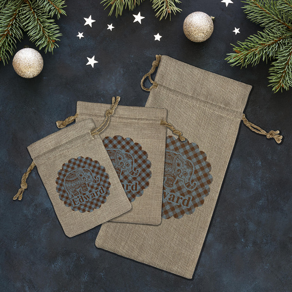 Gingham & Elephants Burlap Gift Bags - LIFESTYLE (Flat lay)