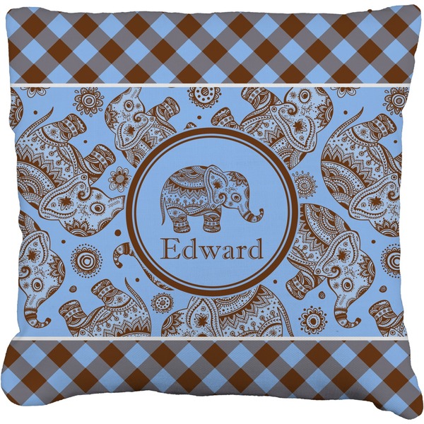 Custom Gingham & Elephants Faux-Linen Throw Pillow 18" (Personalized)