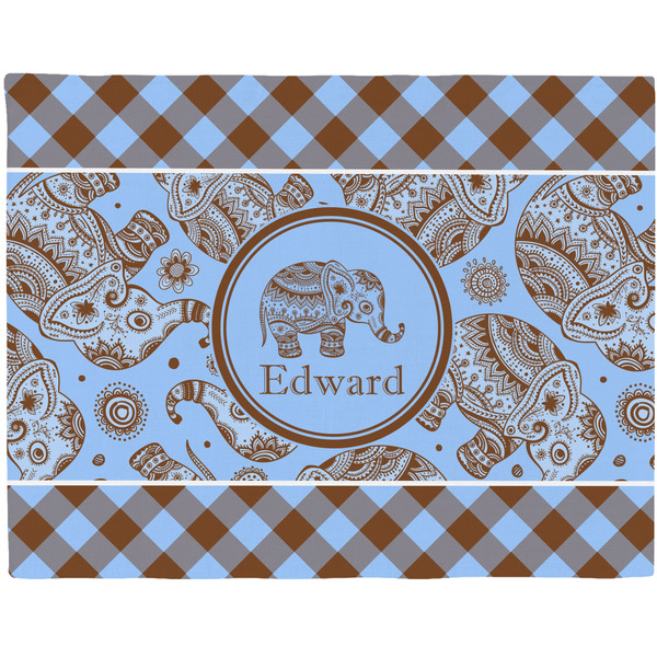 Custom Gingham & Elephants Woven Fabric Placemat - Twill w/ Name or Text