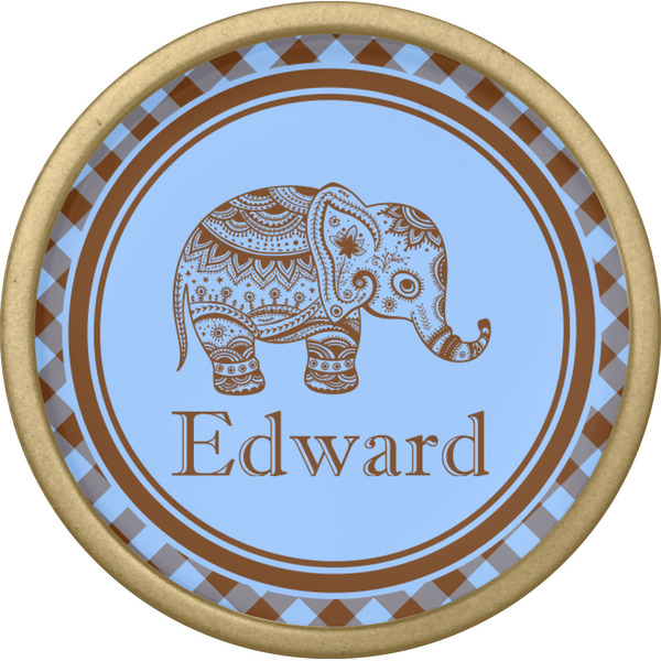 Gingham & Elephants Cabinet Knob - Gold - Front