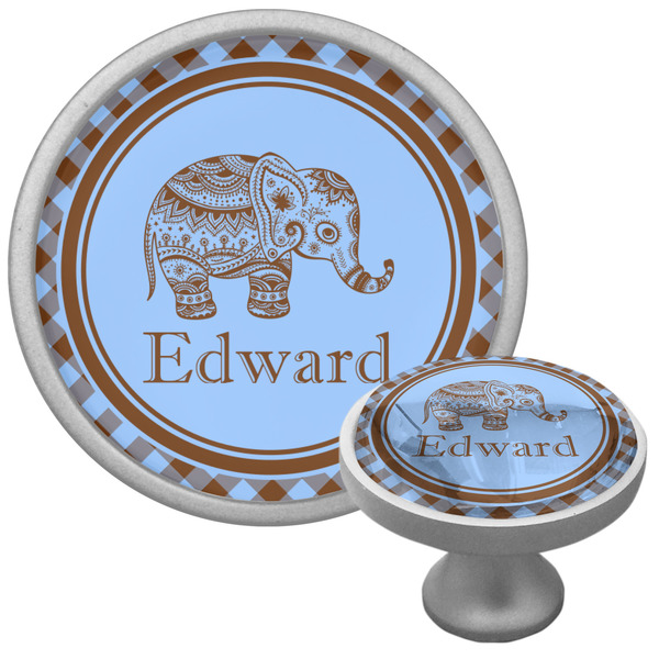 Custom Gingham & Elephants Cabinet Knob (Silver) (Personalized)