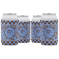 Gingham & Elephants Can Cooler (12 oz) - Set of 4 w/ Name or Text
