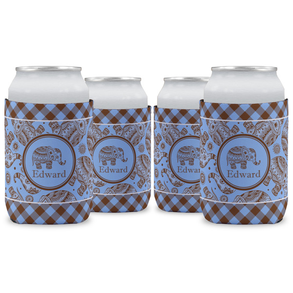 Custom Gingham & Elephants Can Cooler (12 oz) - Set of 4 w/ Name or Text