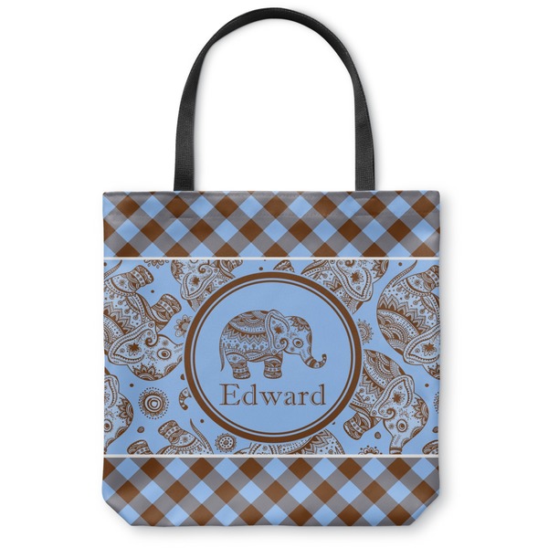 Custom Gingham & Elephants Canvas Tote Bag - Small - 13"x13" (Personalized)
