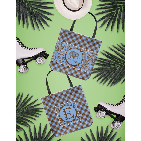 Gingham & Elephants Canvas Tote Lifestyle Front and Back- 13x13