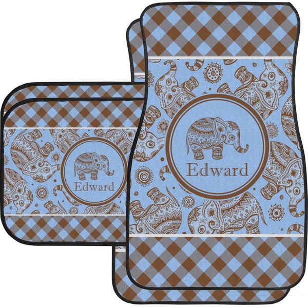 Custom Gingham & Elephants Car Floor Mats Set - 2 Front & 2 Back (Personalized)