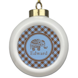 Gingham & Elephants Ceramic Ball Ornament (Personalized)