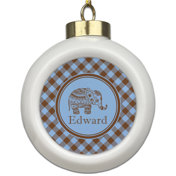 Custom Gingham & Elephants Ceramic Ball Ornament (Personalized)