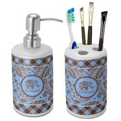 Gingham & Elephants Ceramic Bathroom Accessories Set (Personalized)
