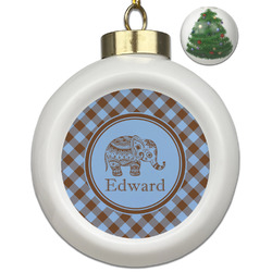 Gingham & Elephants Ceramic Ball Ornament - Christmas Tree (Personalized)