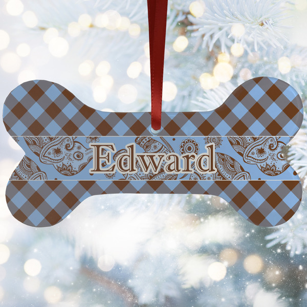 Custom Gingham & Elephants Ceramic Dog Ornament w/ Name or Text