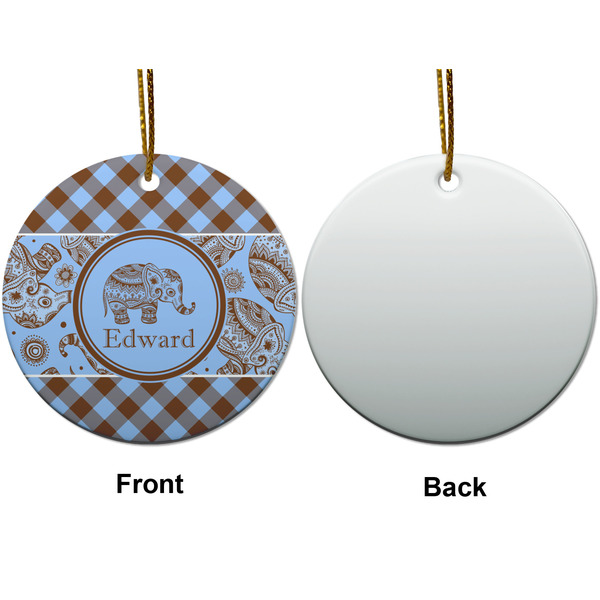 Gingham & Elephants Ceramic Flat Ornament - Circle Front & Back (APPROVAL)