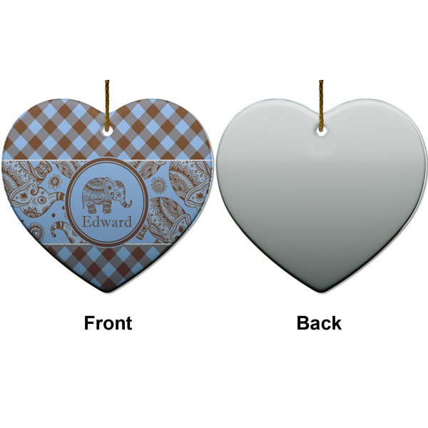 Gingham & Elephants Ceramic Flat Ornament - Heart Front & Back (APPROVAL)