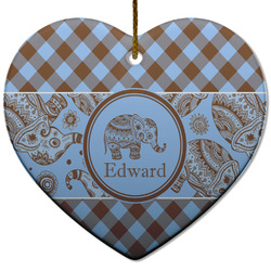 Gingham & Elephants Heart Ceramic Ornament w/ Name or Text