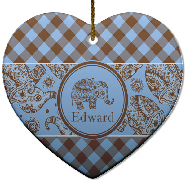Custom Gingham & Elephants Heart Ceramic Ornament w/ Name or Text