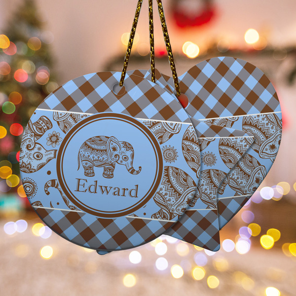 Custom Gingham & Elephants Ceramic Ornament w/ Name or Text