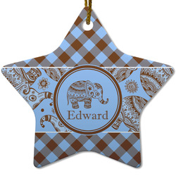 Gingham & Elephants Star Ceramic Ornament w/ Name or Text