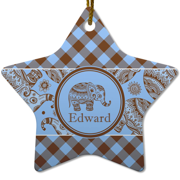 Gingham & Elephants Ceramic Flat Ornament - Star (Front)