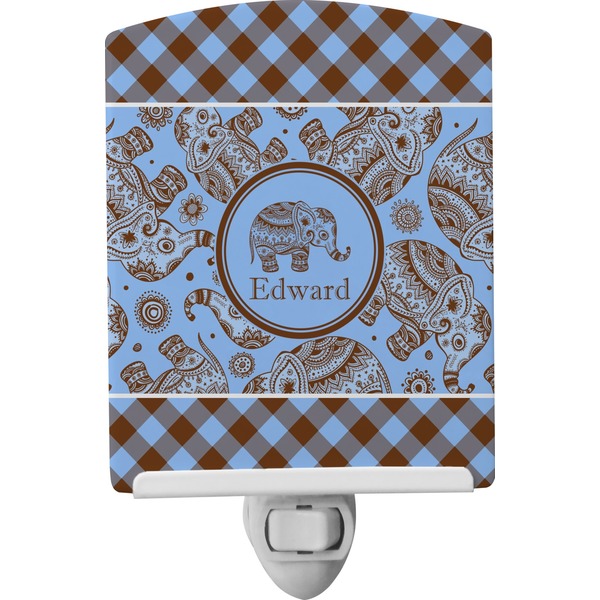 Custom Gingham & Elephants Ceramic Night Light (Personalized)